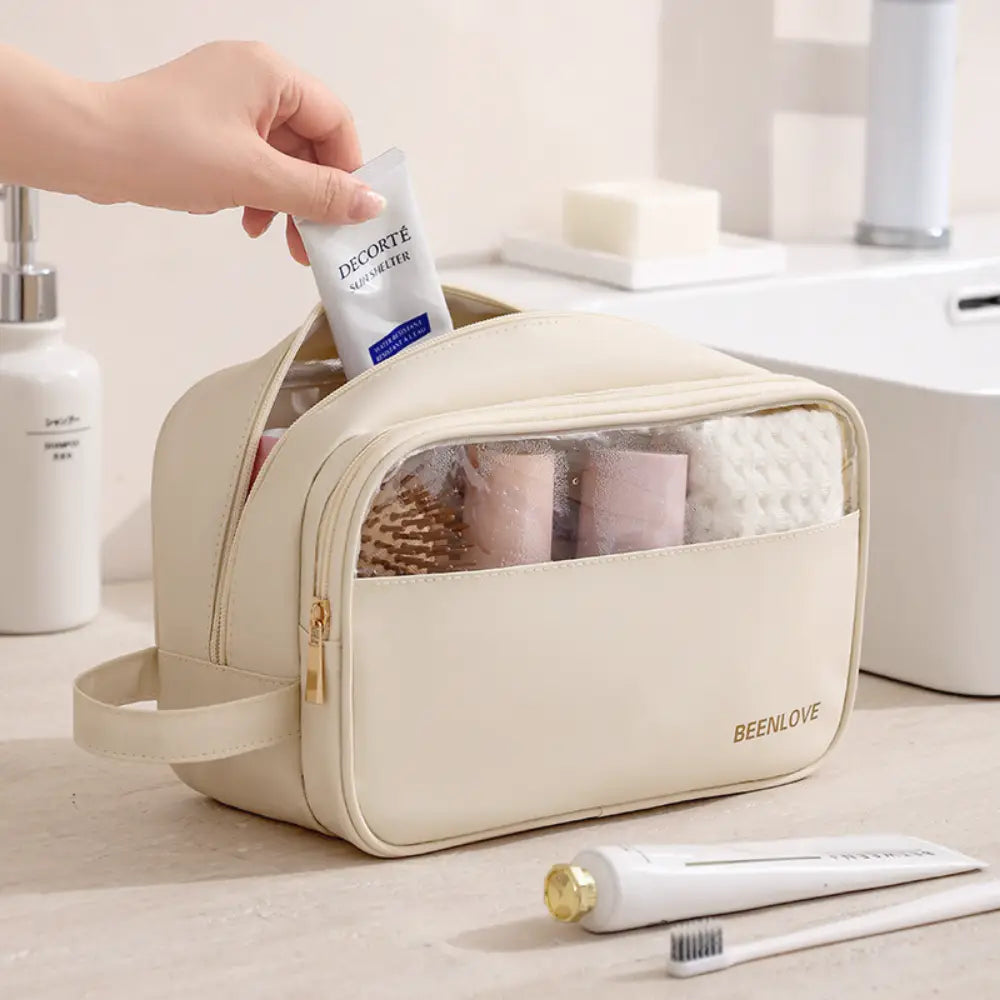 grande trousse de toilette transparente beige