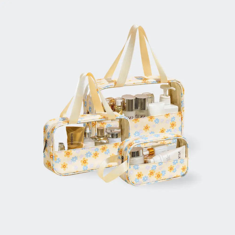 trousse de toilette familiale avec fleurs fond blanc jaune
