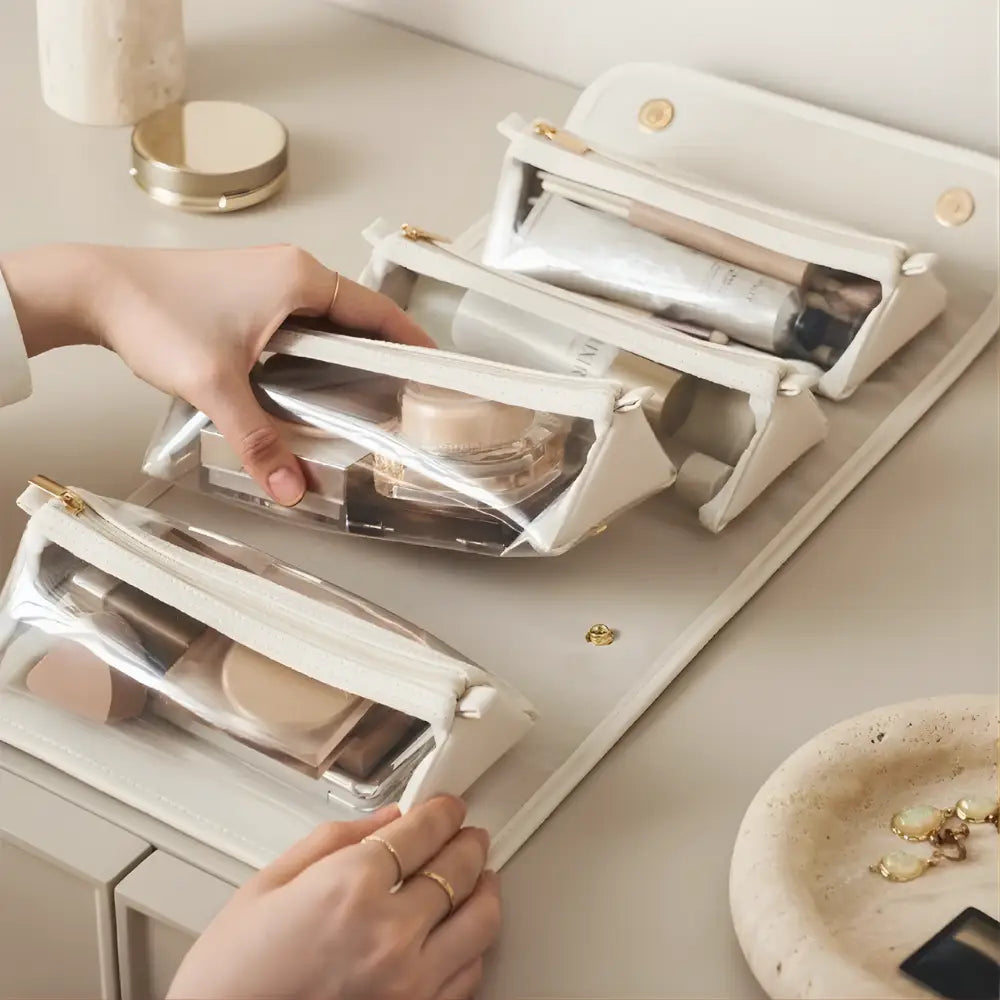 trousse de toilette femme cuir blanc compartimenté