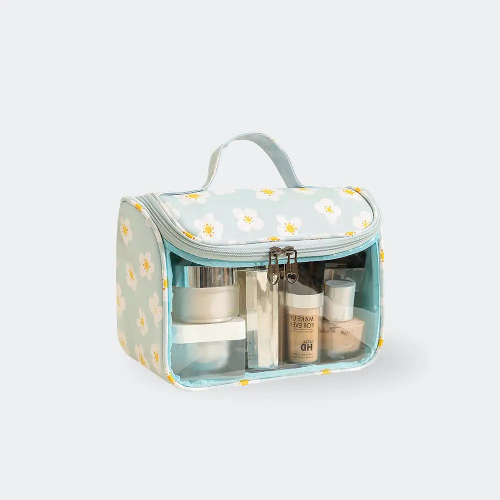 trousse de toilette fleurs fond blanc vert