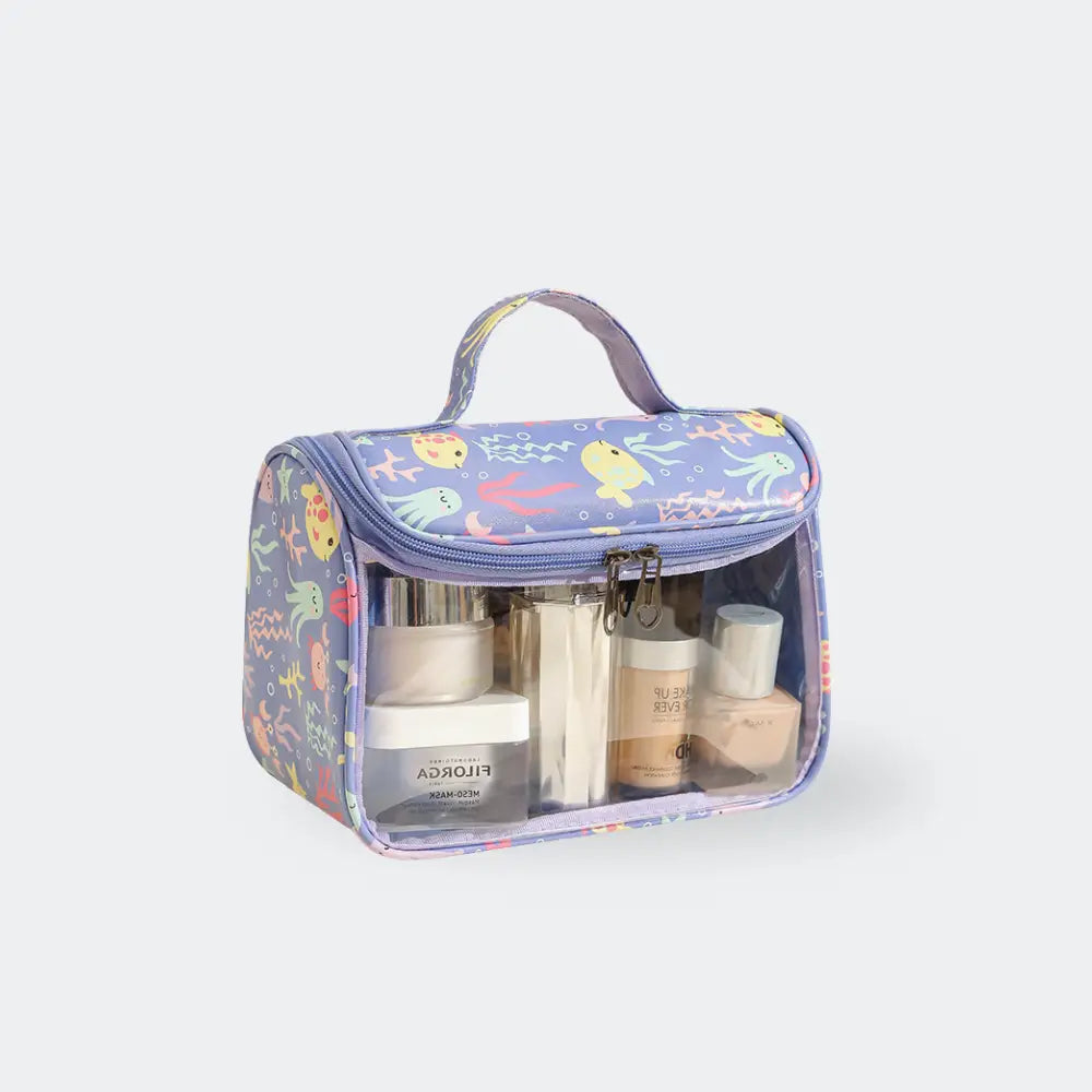 trousse de toilette fleurs fond blanc violet