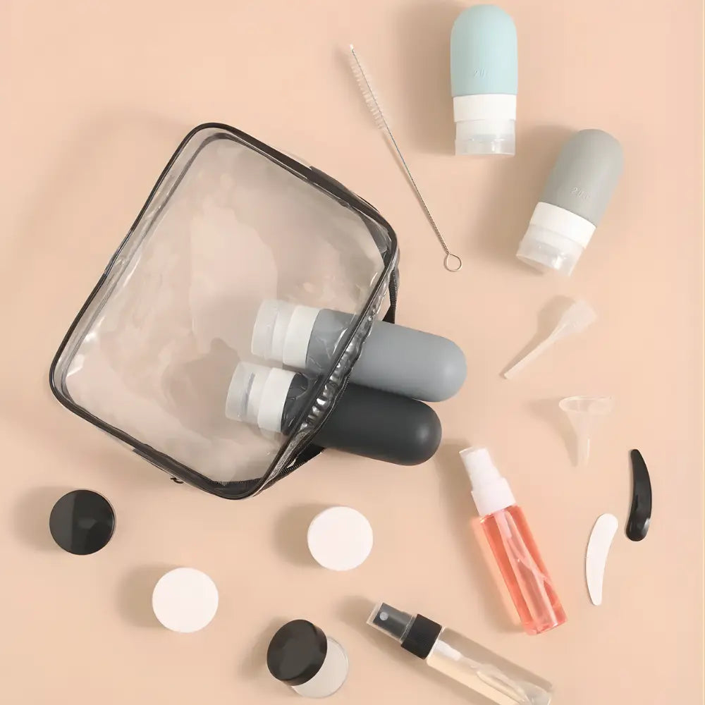 trousse de toilette transparente lot de flacons de voyage